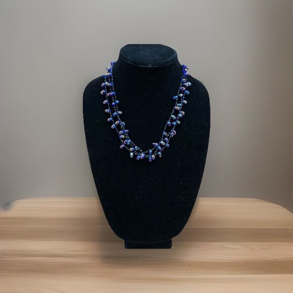 Boho Beaded Necklace Iridescent Purple Blue Glass Beads Layered Vintage Jewelry - Picture 1 of 7